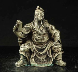 Chinese Old Copper Plating Silver Statue Of Guan Gong Reading E01