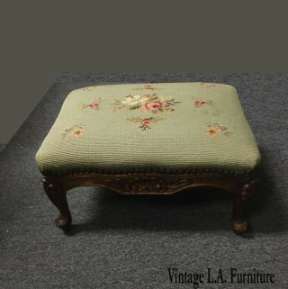 Vintage French Country Green Floral Tapestry Footstool