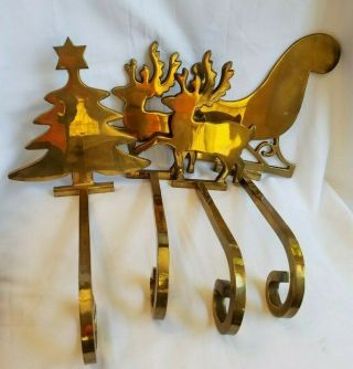Vintage Heavy Brass Christmas Stocking Holder Hangers Long Hook Set Of 4