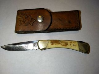 Vintage Star Japan Folding Pocket Knife 3379 - 9 With Leather Sheath Wagon Bone