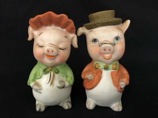 Vintage Lefton Bisque Anthropomorphic Pigs Shakers Girl Boy Dressed Up Japan