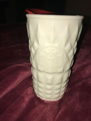 2014 Starbucks White Ceramic Sweater Travel Mug With Red Lid