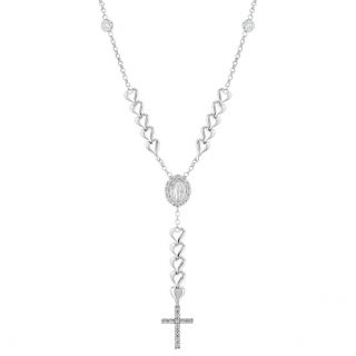 925 Sterling Silver Clear Cz Hearts Rosary Necklace Virgin Mary Girls 16 "