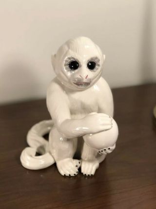 White Italian Ceramic Capuchin Monkey Holding Ball Elvis Presley Graceland