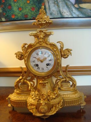 French Antique Gilded Bronze Clock Ca.  1870