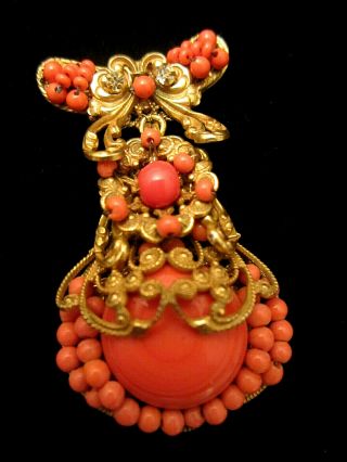 Rare Vintage 2 - 1/4” Signed Miriam Haskell Coral Bead Dangle Brooch Pin A10