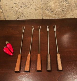 Set Of 5 Vintage Fondue Forks Stainless Steel With Wooden Handles Japan 7 "