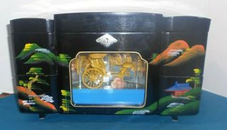Vintage Lg Black Lacquer Japanese Diorama Motion Rickshaw Jewelry Box