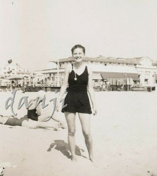 Swimsuit Girl On The Beach With Buildings In Back At Asbury Park Nj 1945 Photo
