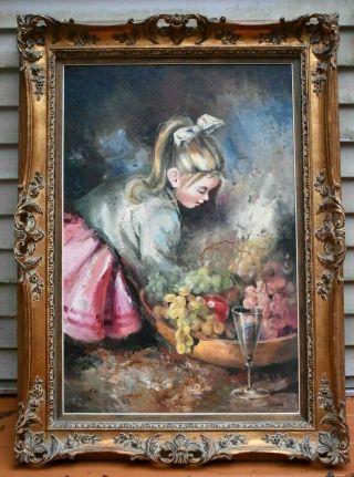 Vtg Oil Painting & Gilt Frame Girl With Grapes 43 " X 36 " Signed