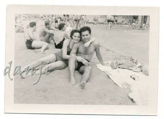 Swimsuit Young Lady Cuddling Studly Young Man With Feet In Camera Old Photo