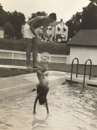 Vintage Shirtless Man Helping Child Diving Snapshot 7” Photo Art Blurry D3