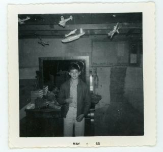 Boy Standing With Model Airplanes Hanging Of Ceiling Vintage Snapshot B&w Photo