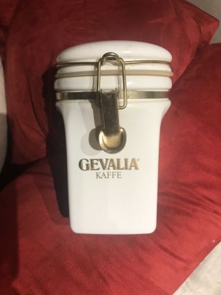 Gevalia Kaffe White Ceramic Coffee Canister Container Brass Trim,  Tight Seal