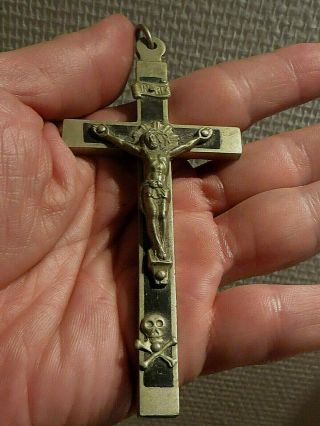 Large Antique French Missionary Crucifix Pendant Bronze/ebony Jesus Skull &bones