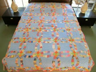 Rustic Vintage Feed Sack Hand Pieced & Quilted Wedding Ring Quilt; 88 " X 65 "