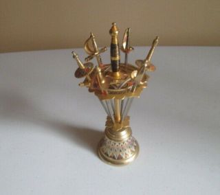 Vintage Toledo Brass Cocktail Toothpicks,  Set Of 6,  With Bell On Base