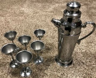 Vintage Cocktail Set Mid Century Modern Stainless Chrome Shaker And Glasses