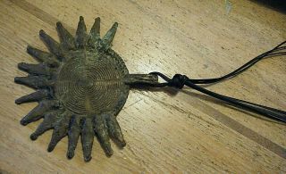 Vtg Hand Wrought Iron African Metal Tribal Folk Art Sun Pendant Leather String 3