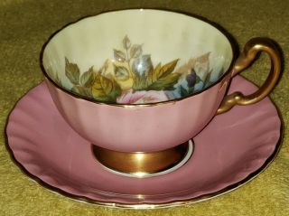 Aynsley Bone China Fleur De Lis Pink Rose Tea Cup And Saucer Signed Bailey Gold