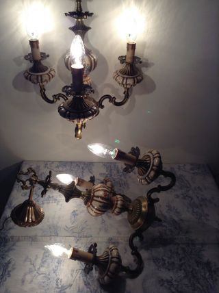 Rare Vintage French Ceramic Chandelier & Wall Sconce Light Set 2