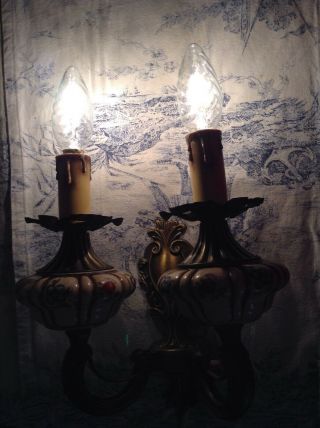 Rare Vintage French Ceramic Chandelier & Wall Sconce Light Set 3