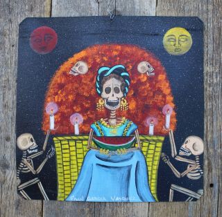 Tin Painting Retablo Frida Kahlo Skeleton Day Of The Dead Altar Mexican Folk Art