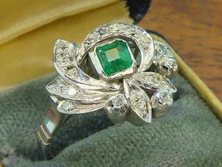 Vintage Palladium Art Deco Antique 1920s Colombian Emerald Diamond Filigree Ring