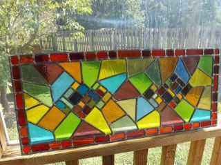 Vintage Stained Glass Window Geometric Modernist Art Deco Architectural Salvage