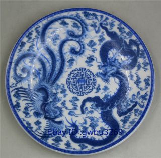 Chinese Blue And White Porcelain Painted Dragon Phoenix Plate W Qianlong Mark