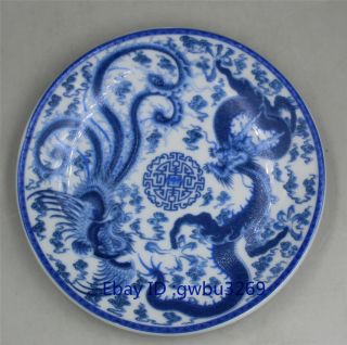 Chinese Blue and white Porcelain painted Dragon Phoenix Plate w Qianlong Mark 2