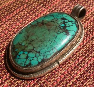 Large Oval Turquoise Pendant W/ Silver Auspicious Symbol (conch) For Dharma