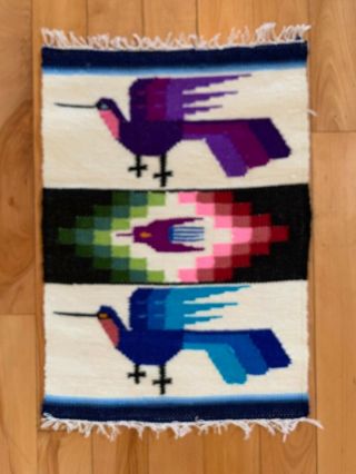 Vintage Mexican Hand Woven Saltillo Serape Rug Runner Wall Hanging Birds - 15x10