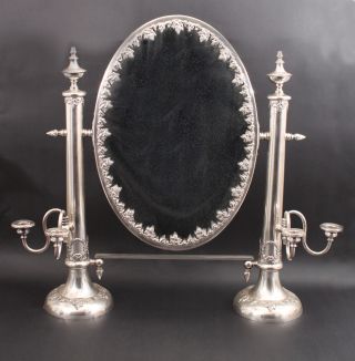 Large Antique Victorian Silver Plate Dressing Mirror Candelabra Candlesticks