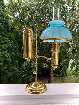 Miller 2 Ideal Brass Single Arm Student Lamp Blue Shade Electrified C1904
