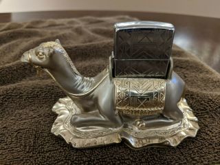 Vintage Silver Camel Zippo Lighter In Silver & Gold Camel Table Holder