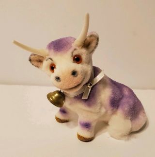 Vintage Flocked Wagner Kunstlerschutz Miniature Toy Bull Off White Purple W/bell