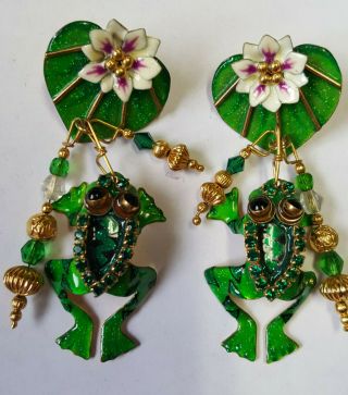 Vintage 90s Lunch At The Ritz Frog Earrings Lilypads Rhinestones - - Fun