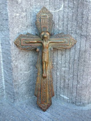 Antique Vintage Art Deco Priests Nun Room Bronze Wall Cross Jesus Christ Corpus/