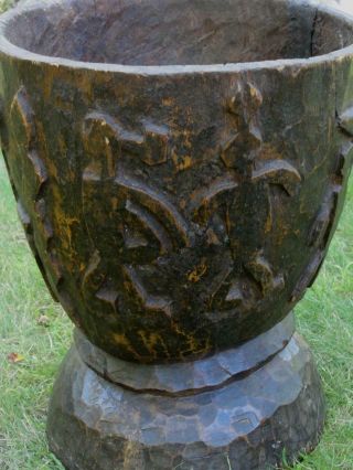 Large Authentic Antique Hand Carved Wood African Mortar w/ Figures NR 2