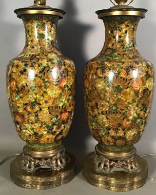 Pair (2) Lg Vintage Japanese Cloisonne Vase Old Mid Century Oriental Parlor Lamp