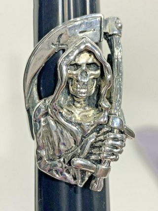Signed Heavy Vintage Sterling Silver Grim Reaper Skull Ring