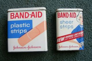Pair - 2 Antique Vintage Metal Flip Top Band - Aid First Aid Bandage Tin Boxes