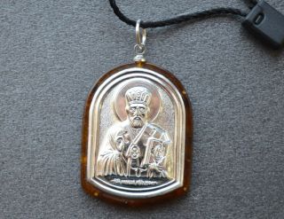 Baltic Amber Christianity Silver Icon Pendant.  St.  Nicholas