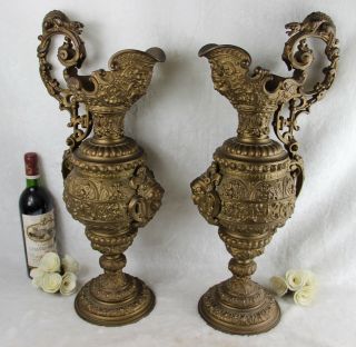 Large Pair Antique French Bronze Ewers Vase Gothic Dragon Satyr Devil Lion Putti