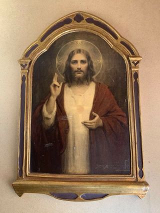 Vintage Gold Wooden Framed Jesus Portrait Painting Print Holy Religious