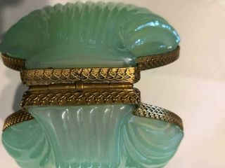 Antique French Rare Green Opaline Glass Clam Shell Hinged Casket Jewelry Box