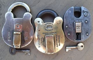 3 Very Large Old Brass And Iron Padlocks,  Chubb And Two Others With Keys