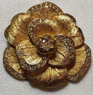 Vintage Christian Dior haute couture rhinestone gold tone flower brooch 2