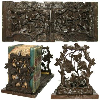Antique Victorian Black Forest Carved Telescoping Book Rack,  Flowers & Foliage